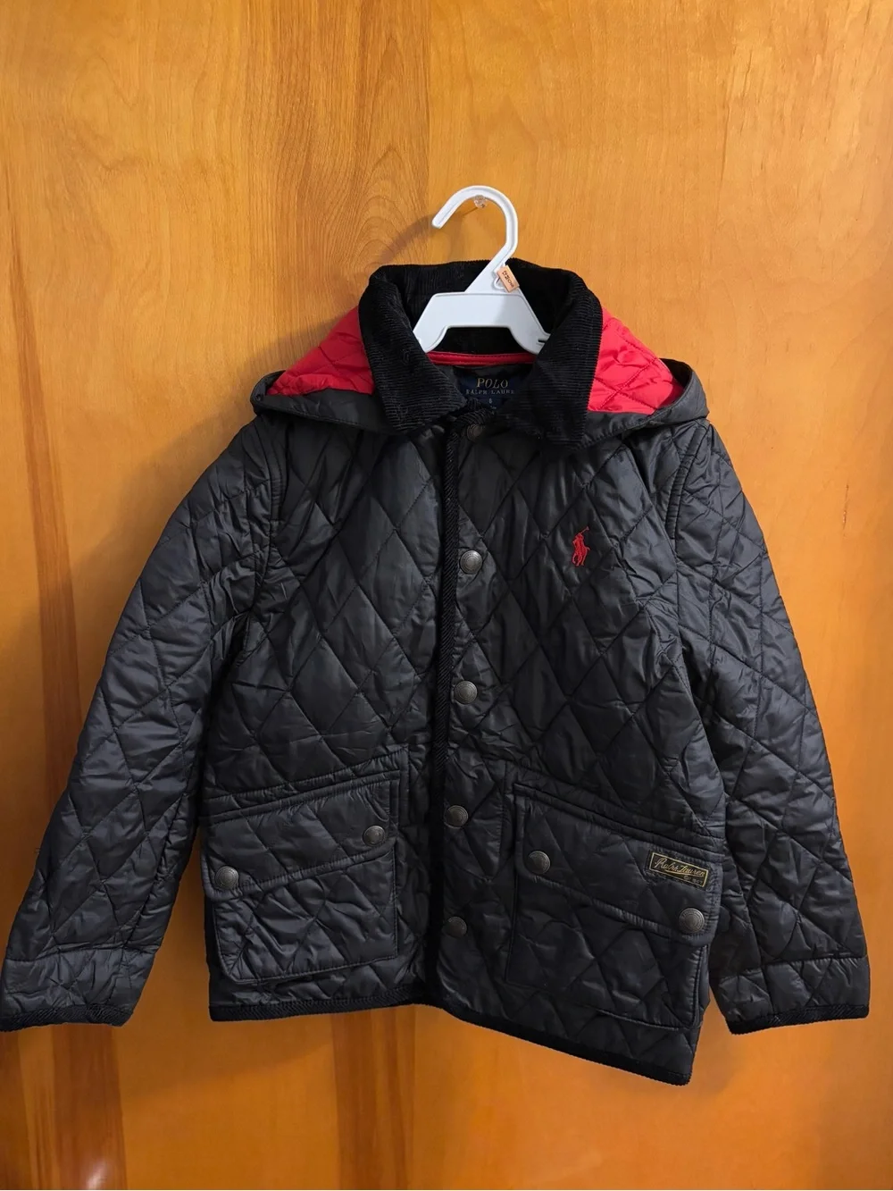 Polo by Ralph Lauren Black Quilted Kids Jacket with Red Hood Lining